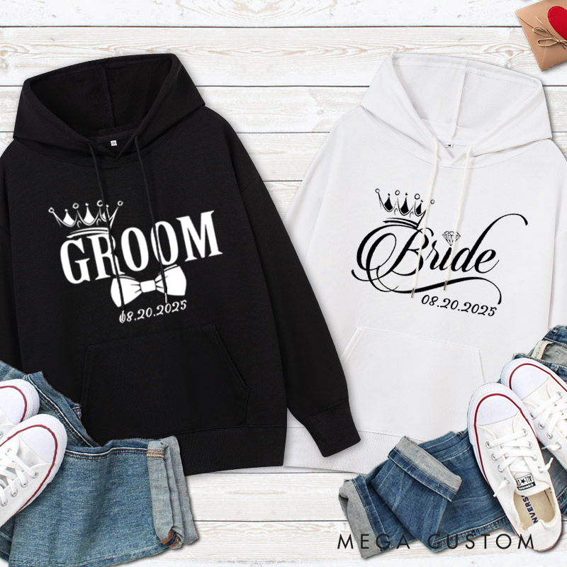 Personalized Regal Bride and Groom with Crowns and Date Matching Wedding Couple Hoodie