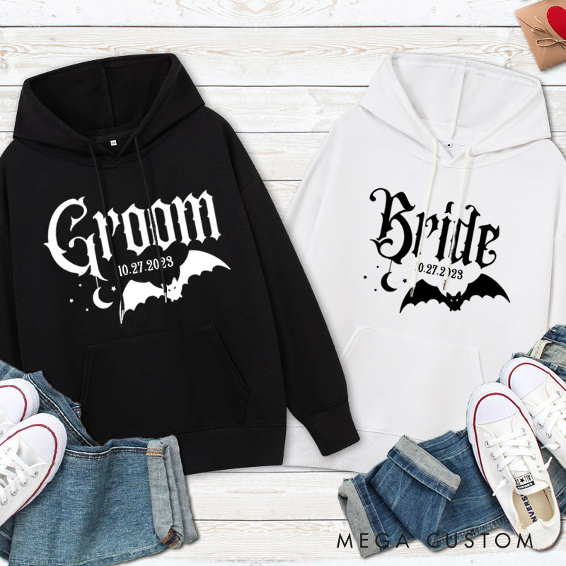 Personalized Halloween Gothic Bride and Groom with Bat and Moon Matching Wedding Couple Hoodie