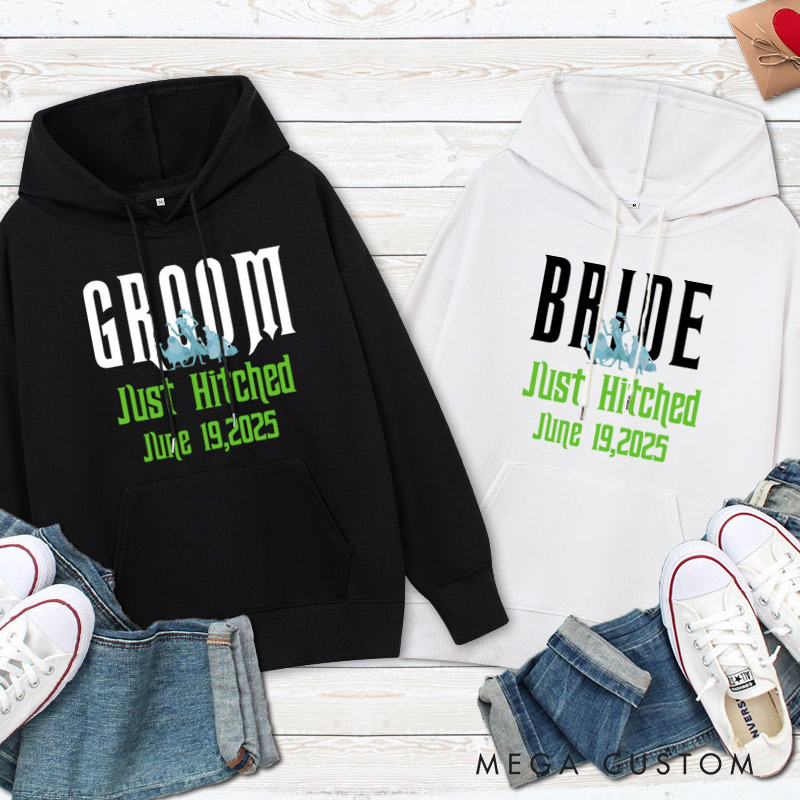 Personalized Playful Just Hitched Bride and Groom Wedding Couple Hoodie