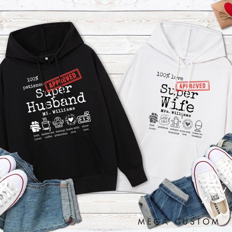 Personalized Fun Approved Super Wife and Super Husband Matching Wedding Couple Hoodie