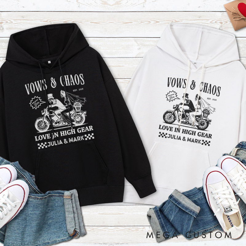 Personalized Vows & Chaos Motorcycle-Themed Love In High Gear Wedding Couple Hoodie