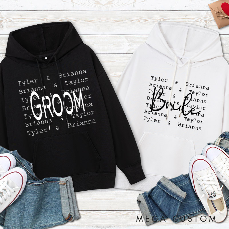 Personalized Modern Repetitive Text Bride and Groom Wedding Couple Hoodie