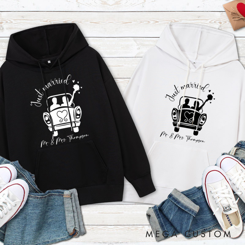 Personalized Romantic Just Married with Wedding Car Wedding Couple Hoodie