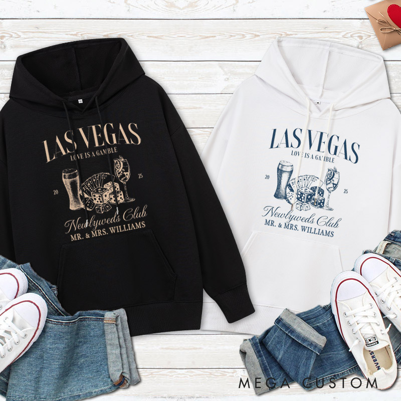 Personalized Playful Las Vegas Newlyweds Club Love Is A Gamble Wedding Couple Hoodie