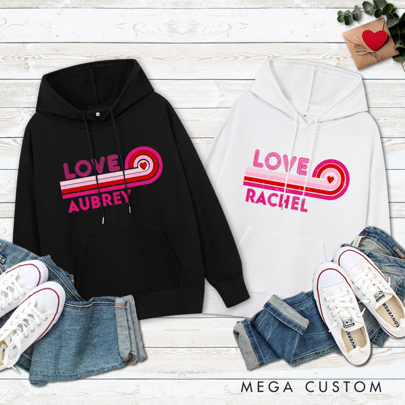 Personalized Couple Retro Love Valentine's Day Hoodie with Name Couple Sweatshirt for Boyfriend Girlfriend Hubby Wifey Husband Wife