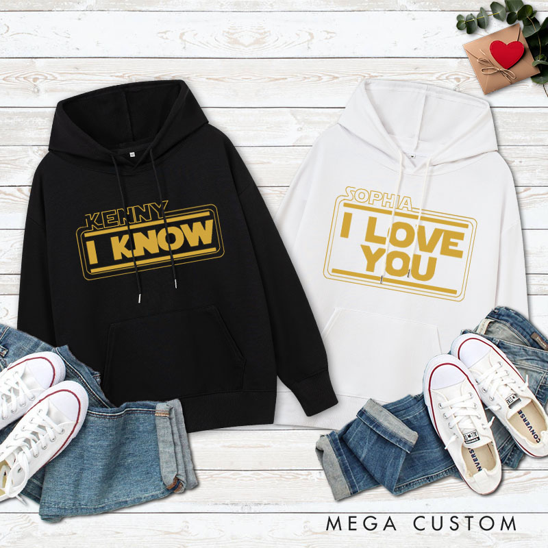 Personalized Couple I Love You and I Know Valentine's Day Hoodie with Name Couple Sweatshirt for Boyfriend Girlfriend Hubby Wifey Husband Wife