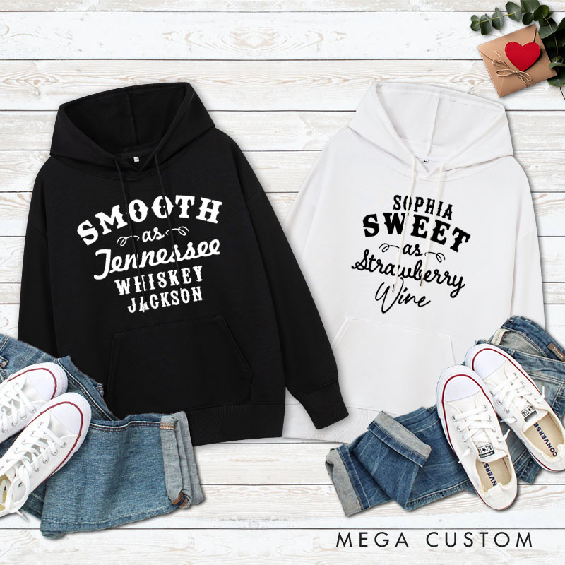 Personalized Couple Smooth as Tennessee Whiskey Valentine's Day Hoodie Sweet as Strawberry Wine Sweatshirt for Boyfriend Girlfriend Husband Wife