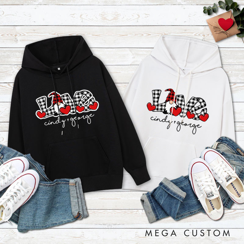 Personalized Couple Plaid LOVE Gnome Valentine's Day Hoodie with Name Couple Sweatshirt for Boyfriend Girlfriend Husband Wife