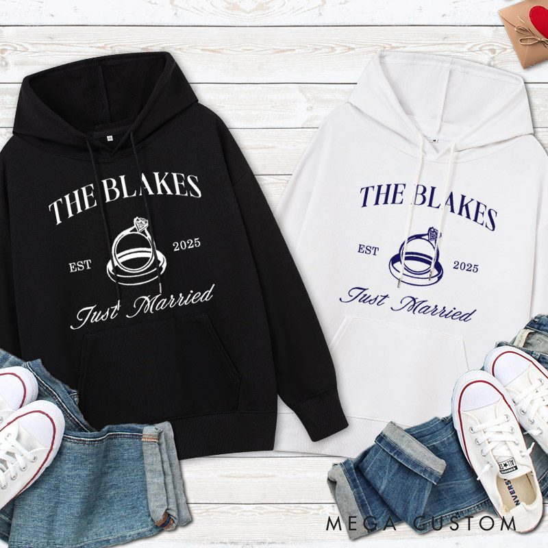 Personalized Elegant Just Married Wedding Rings Newlyweds Wedding Couple Hoodie