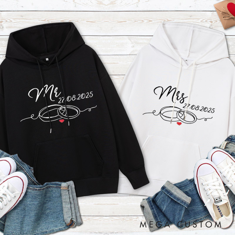 Personalized Elegant Mr and Mrs with Wedding Rings Matching Wedding Couple Hoodie