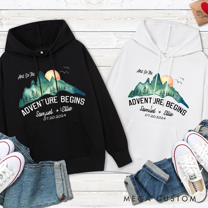 Personalized Scenic And So The Adventure Begins Newlyweds Wedding Couple Hoodie
