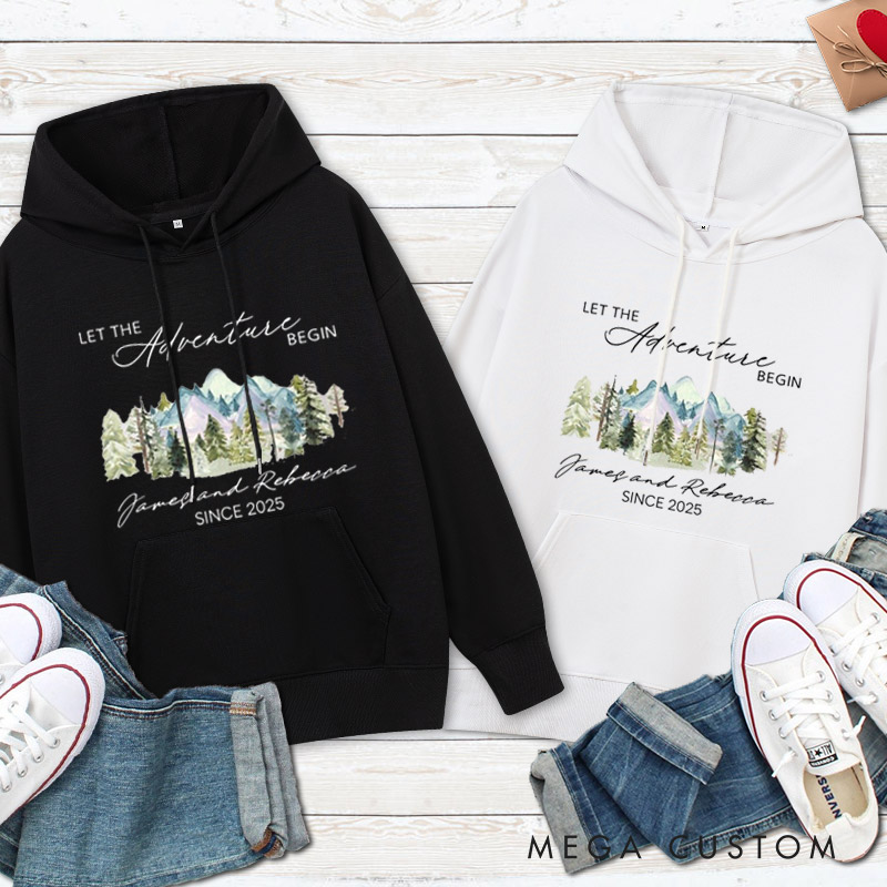 Personalized Mountain Scenic Let the Adventure Begin Newlyweds Wedding Couple Hoodie