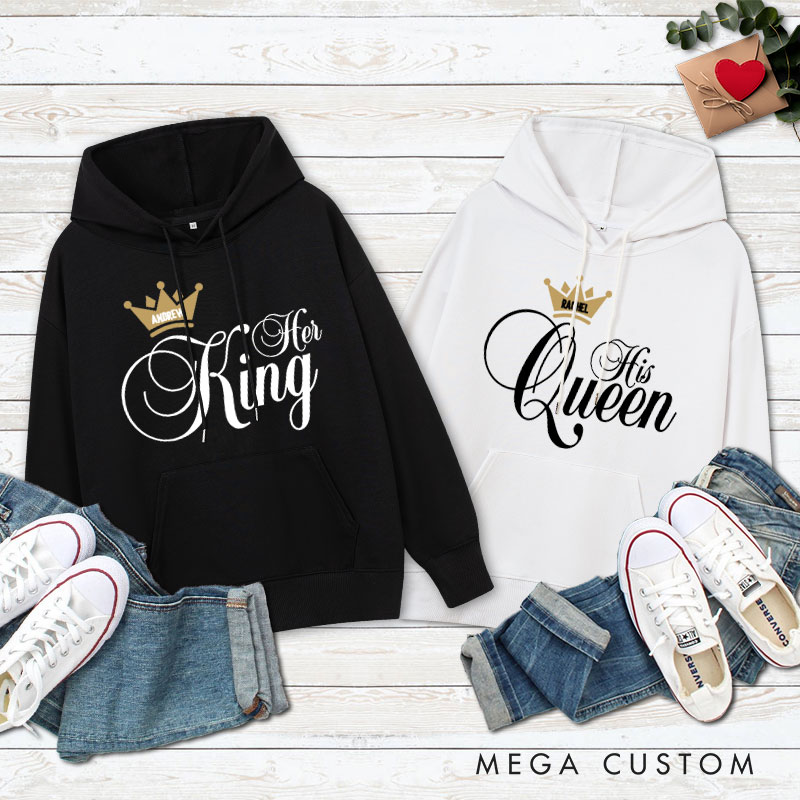 Personalized Couple Her King and His Queen Valentine's Day Hoodie with Name Couple Sweatshirt for Boyfriend Girlfriend Husband Wife