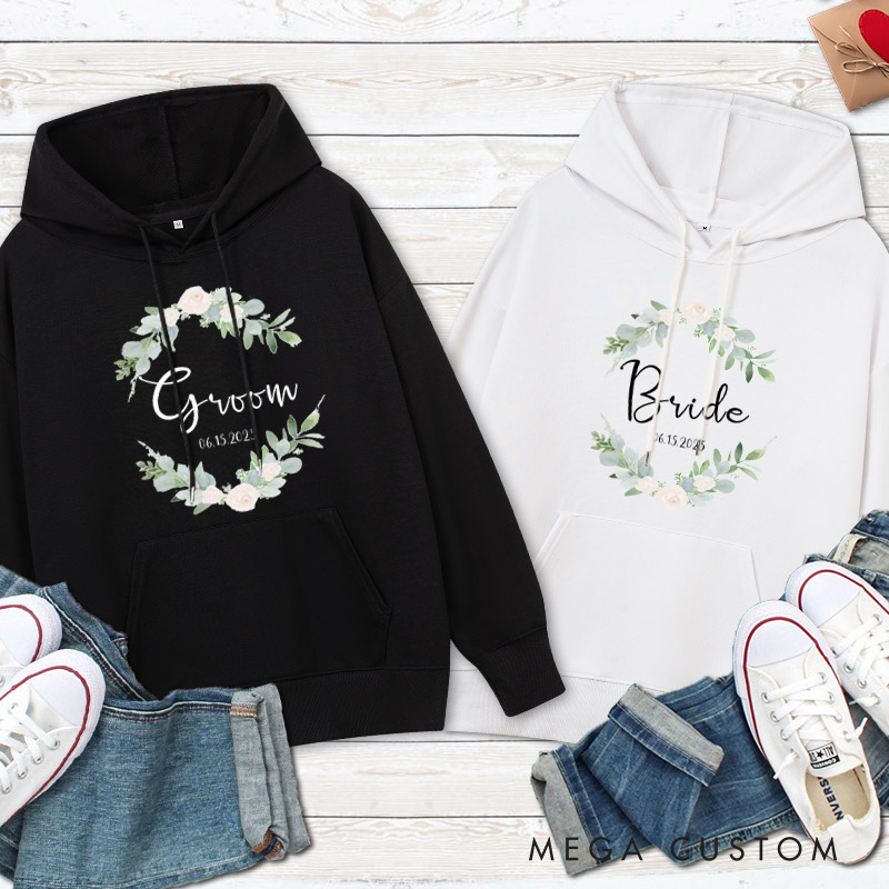 Personalized Elegant Floral Wreath Bride and Groom Matching Wedding Couple Hoodie