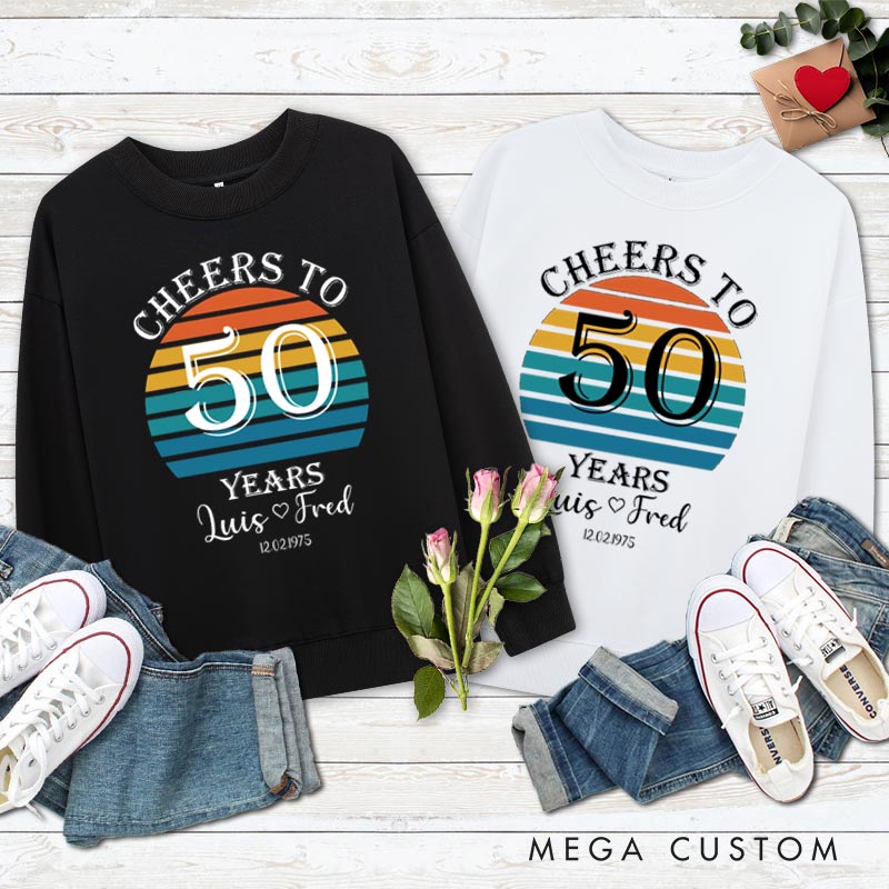 Personalized Couple 50th Anniversary Sweatshirt Retro Sunset Anniversary Tops Cheers to 50 Years Outfits for Husband Wife