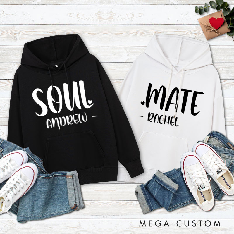 Personalized Couple Soul and Mate Valentine's Day Hoodie with Name Couple Soulmate Sweatshirt for Boyfriend Girlfriend Husband Wife