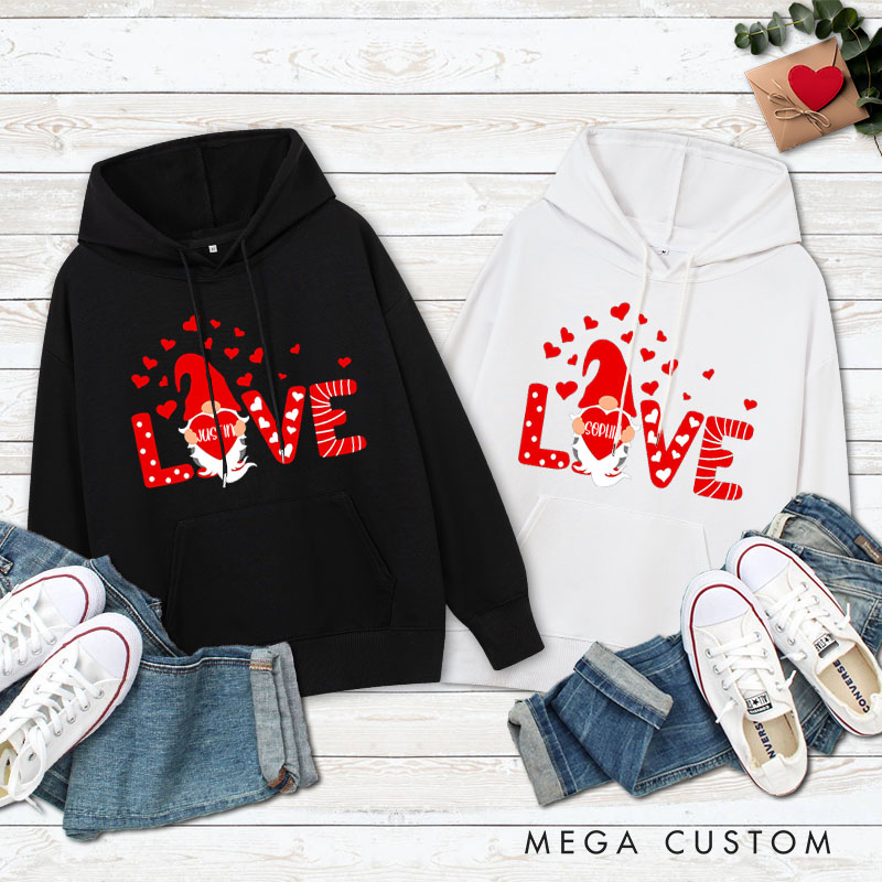 Personalized Couple Red Gnome with Heart Valentine's Day Hoodie with Name Couple Sweatshirt for Boyfriend Girlfriend Husband Wife