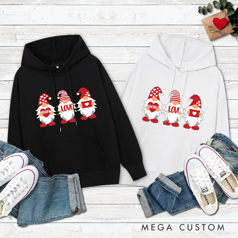 Personalized Red Gnome Couple Holding Hearts Hoodie Couple Valentine's Day Sweatshirt for Boyfriend Girlfriend Husband Wife