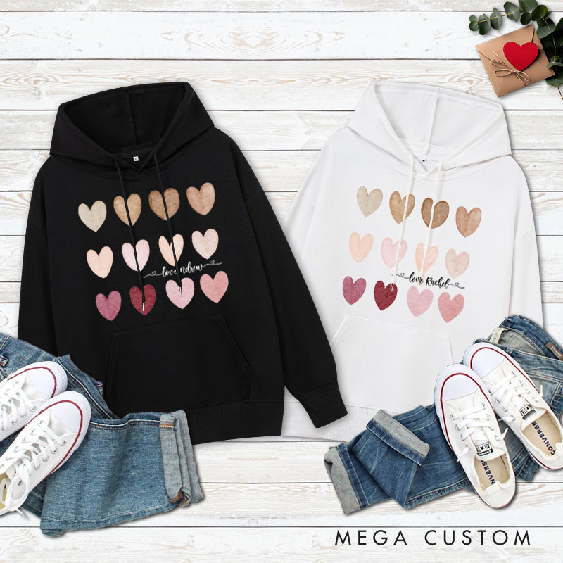 Personalized Couple Gradient of Heart Hoodie with Name Couple Valentine's Day Sweatshirt for Boyfriend Girlfriend Husband Wife