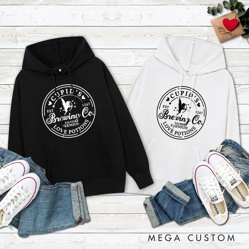 Personalized Couple Cupid's Brewing Co. Hoodie with Name Couple Valentine's Day Sweatshirt for Boyfriend Girlfriend Husband Wife