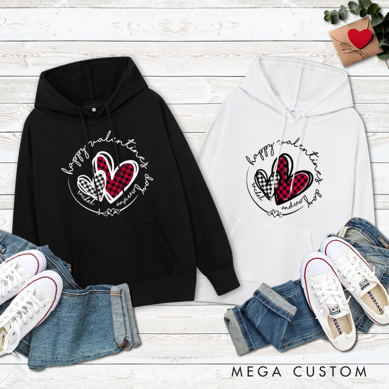 Personalized Couple Plaid Heart Happy Valentine's Day Hoodie with Name Couple Sweatshirt for Boyfriend Girlfriend Husband Wife