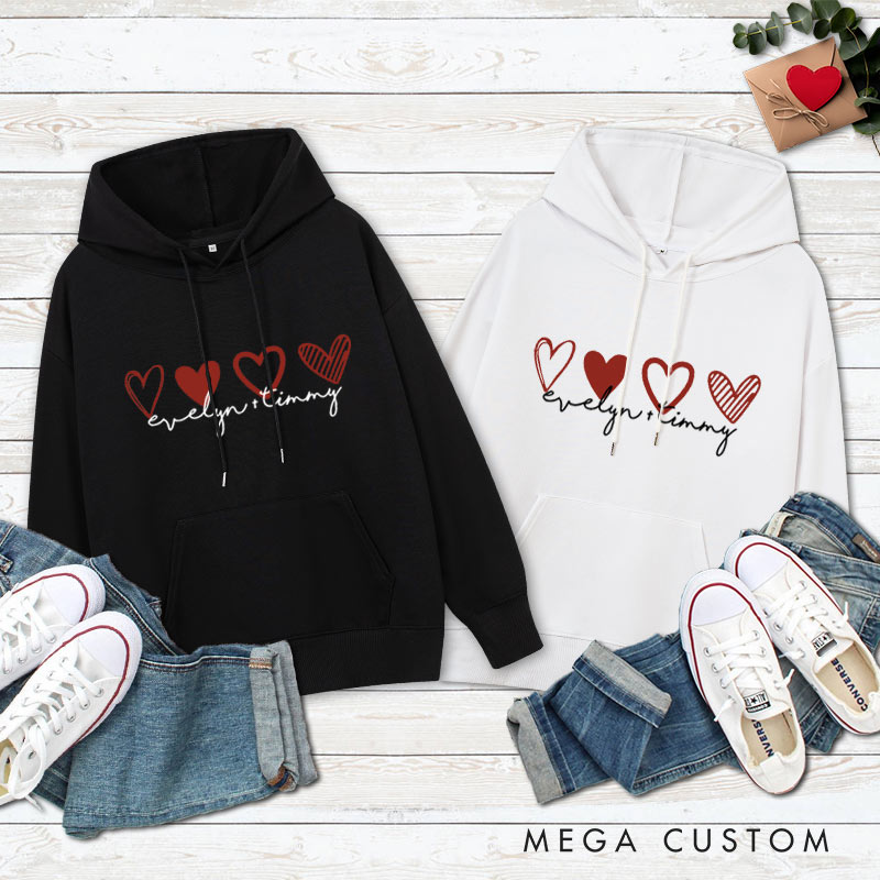 Personalized Couple 4 Red Hearts Valentine's Day Hoodie with Name Couple Sweatshirt for Boyfriend Girlfriend Husband Wife