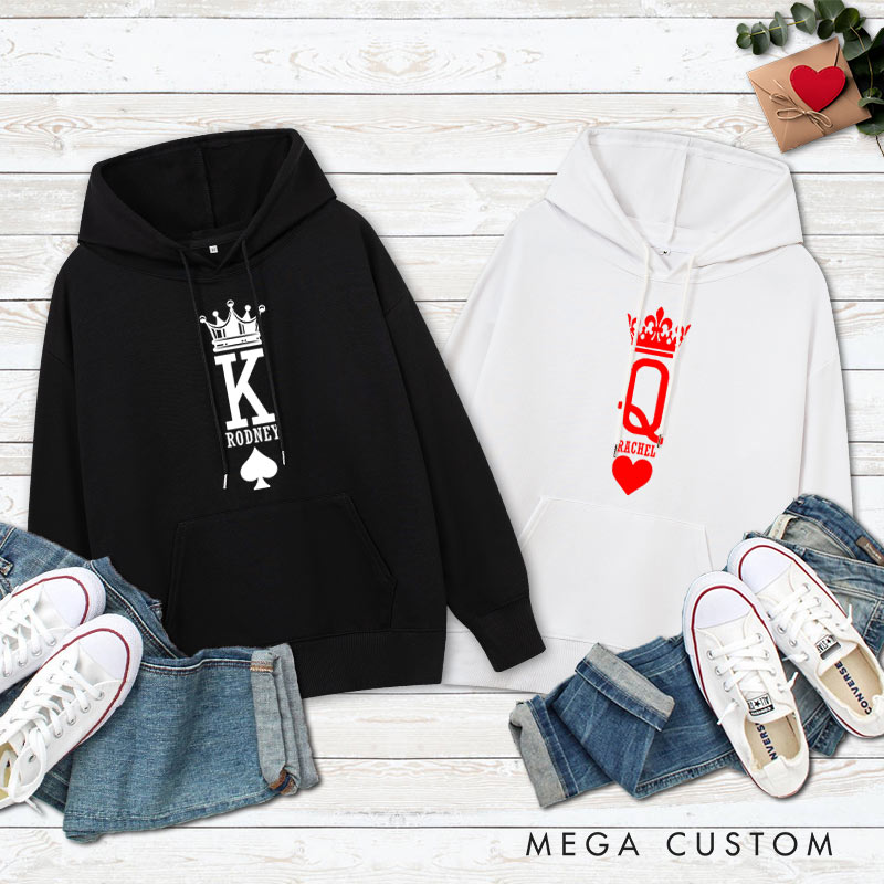 Personalized Couple King of Spades and Queen of Hearts with Crown Hoodie Couple Valentine's Day Sweatshirt for Boyfriend Girlfriend Husband Wife