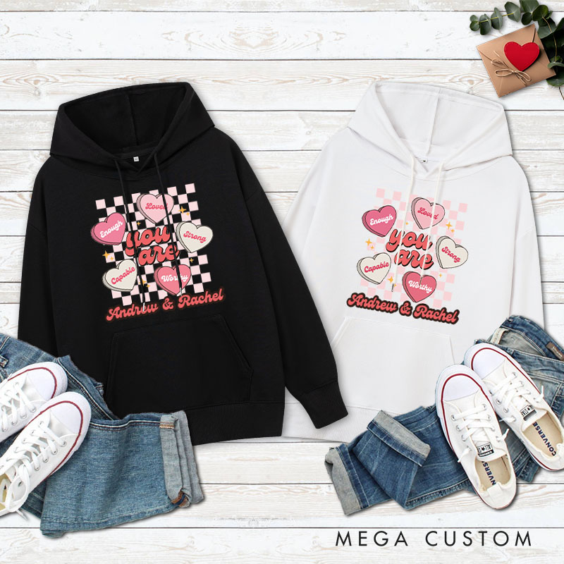 Personalized Couple Checkerboard Sweet Candy Heart Hoodie Couple You Are Mine Valentine's Day Sweatshirt for Boyfriend Girlfriend Husband Wife