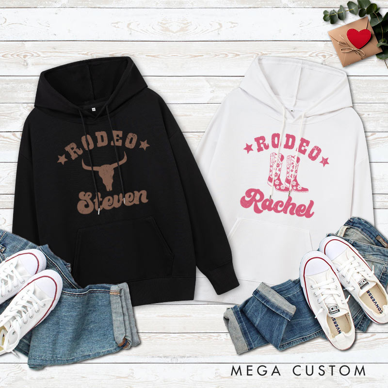 Personalized Couple Rodeo Western Bull and Boots and Hoodie with Name Couple Valentine’s Day Sweatshirt for Boyfriend Girlfriend Husband Wife