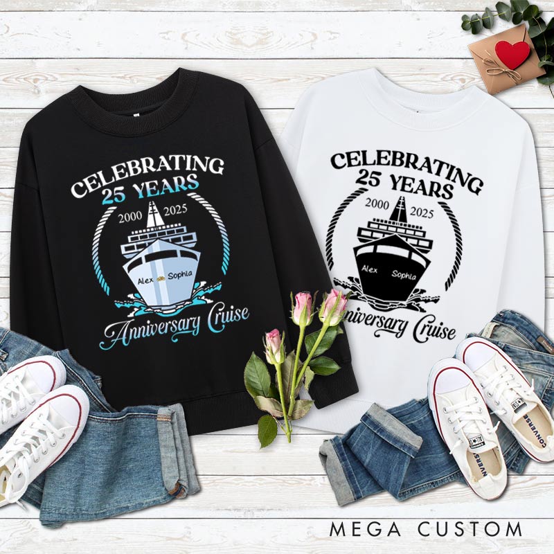 Personalized Couple 25th Cruisin Anniversary Sweatshirt Celebrating 25 Years Anniversary Cruise Outfits for Husband Wife Cruisin Gift Tops