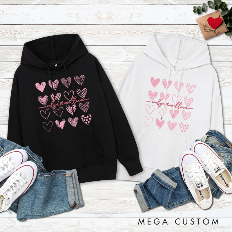 Personalized Couple 16 Pink Hearts Hoodie with Name Couple Valentine's Day Sweatshirt for Boyfriend Girlfriend Husband Wife