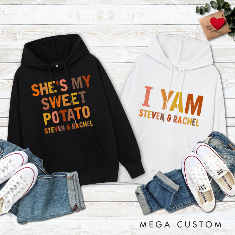 Personalized Couple Retro She's My Sweet Potato and I Yam Hoodie Couple Thanksgiving Sweatshirt for Boyfriend Girlfriend Husband Wife