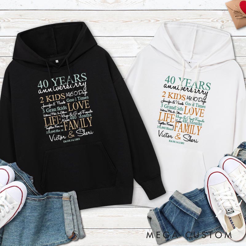 Personalized 40 Years Anniversary Life & Family Celebration Hoodie Husband Wife 40th Anniversary Outfit with Family Name for Her Him