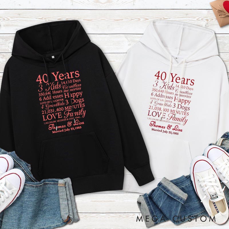 Personalized 40 Years of Love & Family Milestone Hoodie Husband Wife 40th Anniversary Outfit with Name Couple Anniversary Hoodie for Her Him