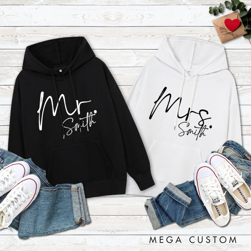 Personalized Couple Mr. and Mrs. Hoodie with Name Couple Valentine's Day Sweatshirt for Husband Wife Hubby Wifey