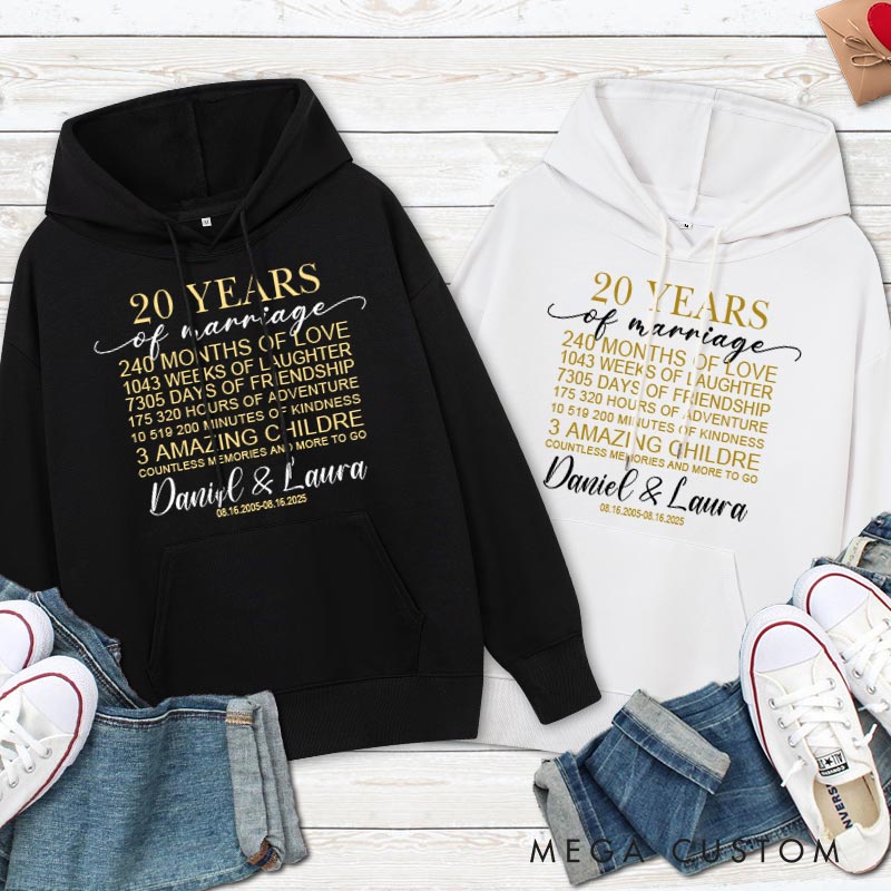Personalized 20 Years of Marriage Milestone Hoodie 20th Anniversary Outfit for Husband Wife Couple Anniversary Marriage Milestone Hoodie