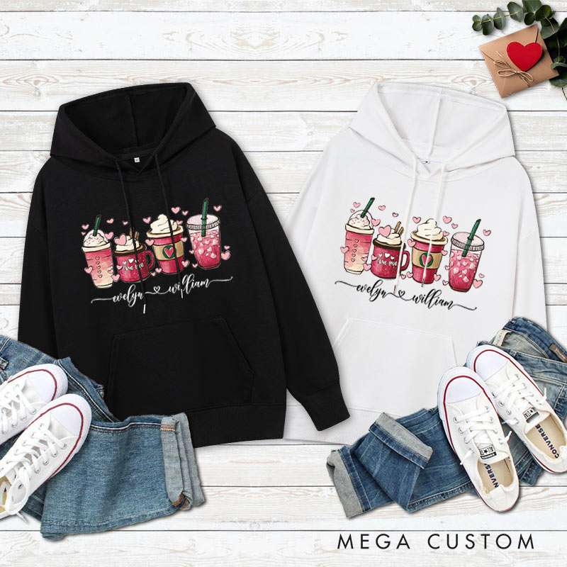 Personalized Couple Pink Heart Coffee Hoodie with Name Couple Valentine's Day Sweatshirt for Husband Wife Boyfriend Girlfriend