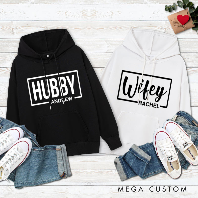 Personalized Couple Hubby and Wifey Matching Hoodie with Name Couple Valentine's Day Sweatshirt for Husband Wife Hubby Wifey
