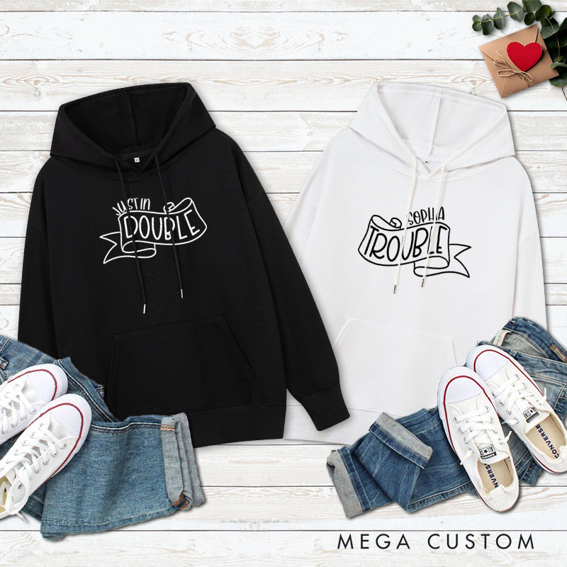 Personalized Couple Double and Trouble Valentine's Day Hoodie with Name Couple Sweatshirt for Boyfriend Girlfriend Husband Wife