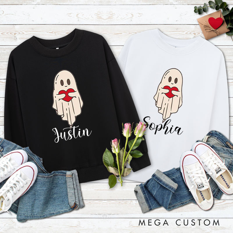 Personalized Couple Ghost Holding a Heart Matching Sweatshirt with Name Couple Valentine's Day Sweatshirt for Husband Wife Boyfriend Girlfriend