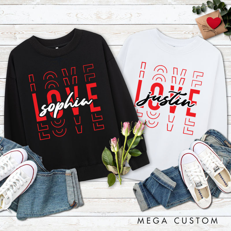 Personalized Couple Red Love Matching Sweatshirt with Name Couple Valentine's Day Sweatshirt for Husband Wife Boyfriend Girlfriend
