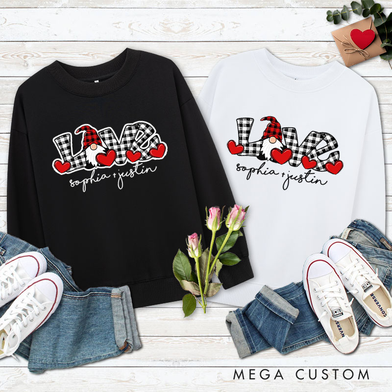 Personalized Couple Plaid Gnome LOVE Matching Sweatshirt Couple Valentine's Day Sweatshirt for Husband Wife Boyfriend Girlfriend