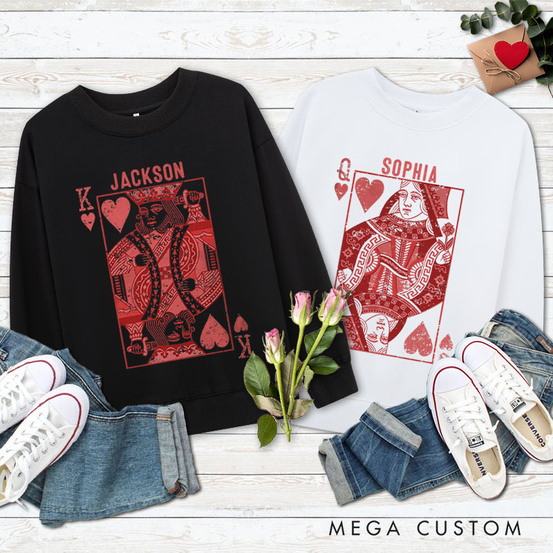 Personalized Couple King and Queen of Hearts Matching Sweatshirt Couple Valentine's Day Sweatshirt for Husband Wife Boyfriend Girlfriend