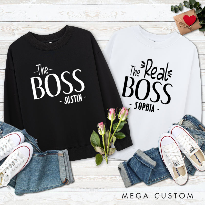 Personalized Couple The Boss and The Real Boss Matching Sweatshirt Couple Valentine's Day Sweatshirt for Husband Wife Boyfriend Girlfriend