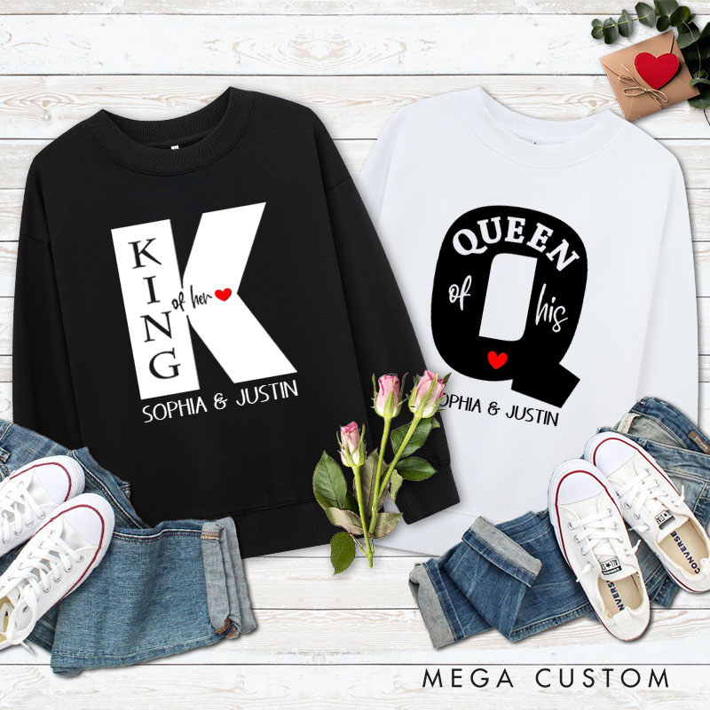 Personalized Couple King of Her Heart and Queen of His Heart Sweatshirt Couple Valentine's Day Sweatshirt for Husband Wife Boyfriend Girlfriend