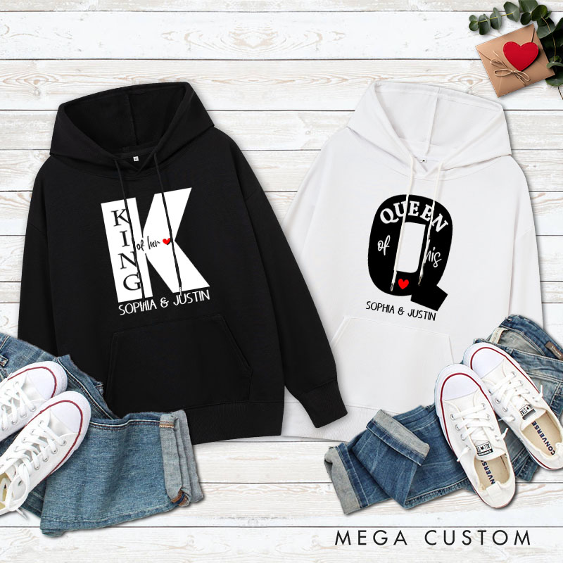 Personalized Couple King of Her Heart and Queen of His Heart Valentine's Day Hoodie with Name Couple Sweatshirt for Boyfriend Girlfriend Husband Wife