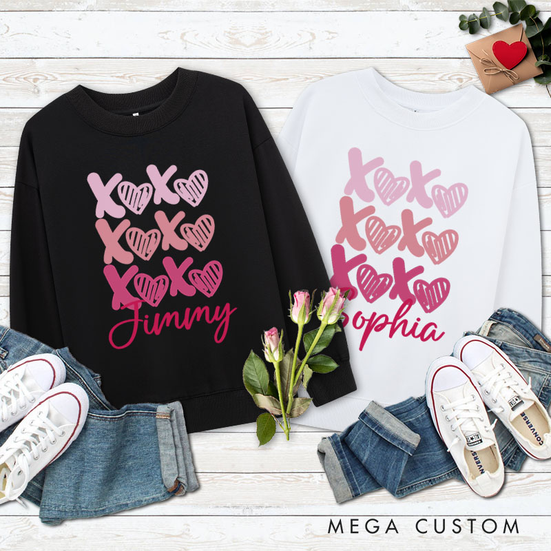 Personalized Couple Playful XOXO with Heart Sweatshirt Couple Valentine's Day Sweatshirt for Husband Wife Boyfriend Girlfriend