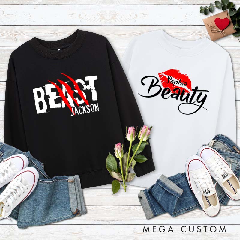 Personalized Couple Beast with Claw and Beauty with Kiss Matching Sweatshirt Couple Valentine's Day Sweatshirt for Husband Wife Boyfriend Girlfriend