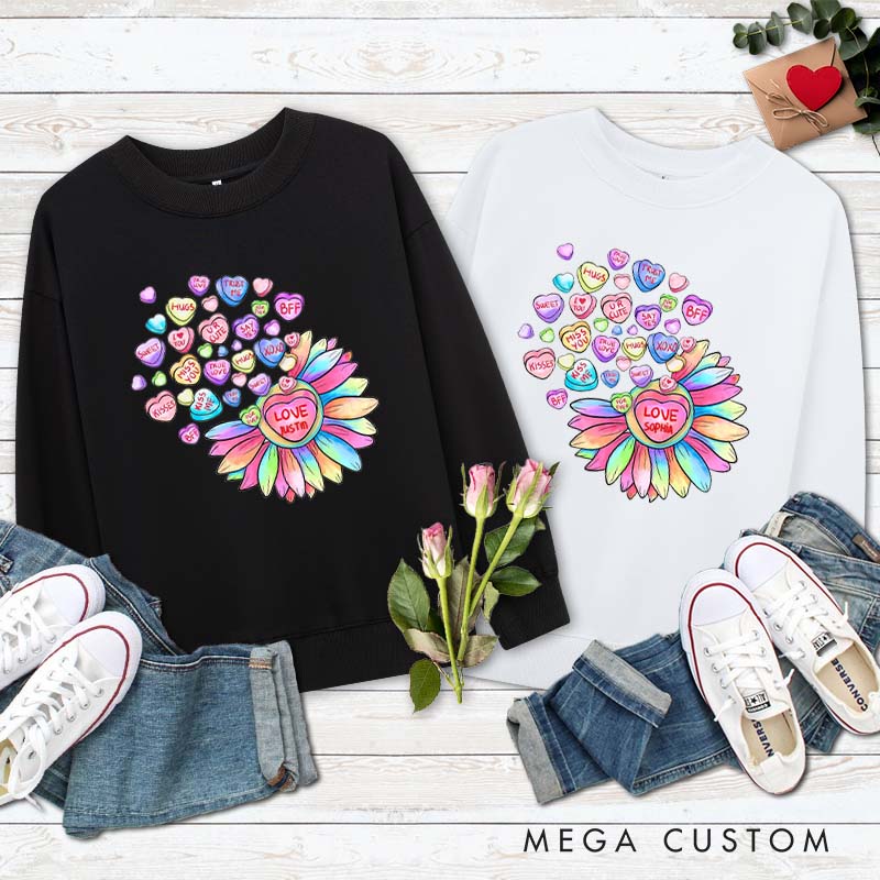 Personalized Couple Colorful Flower with Heart Matching Sweatshirt Couple Valentine's Day Sweatshirt for Husband Wife Boyfriend Girlfriend