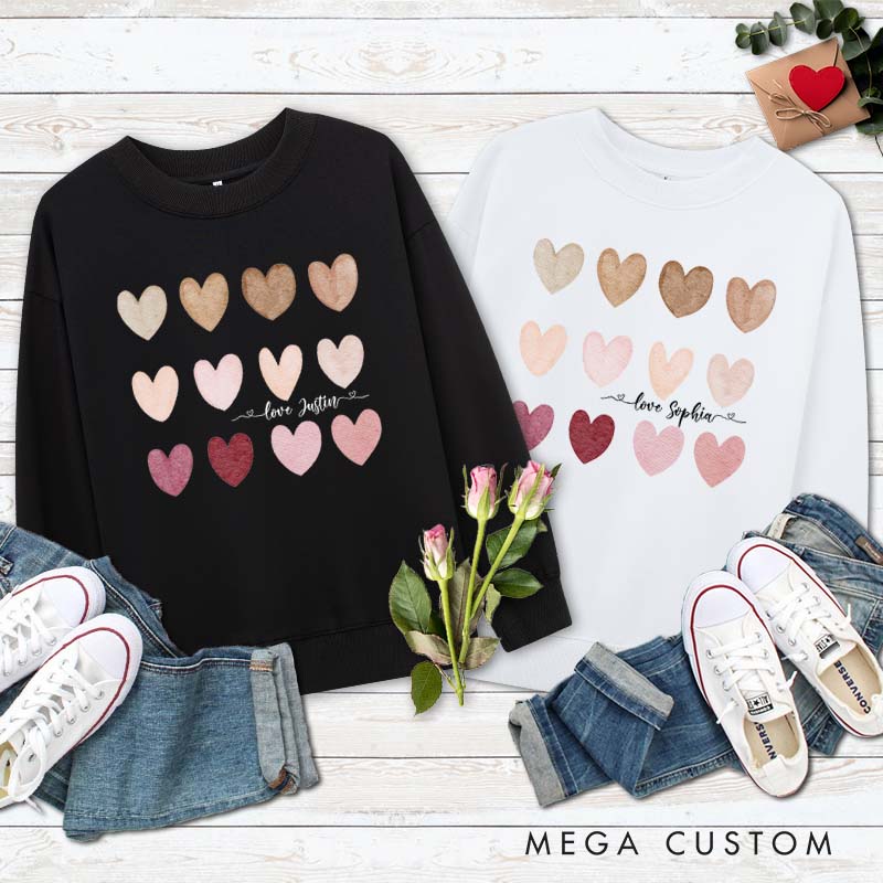 Personalized Couple Charming Hearts Matching Sweatshirt with Name Couple Valentine's Day Sweatshirt for Husband Wife Boyfriend Girlfriend